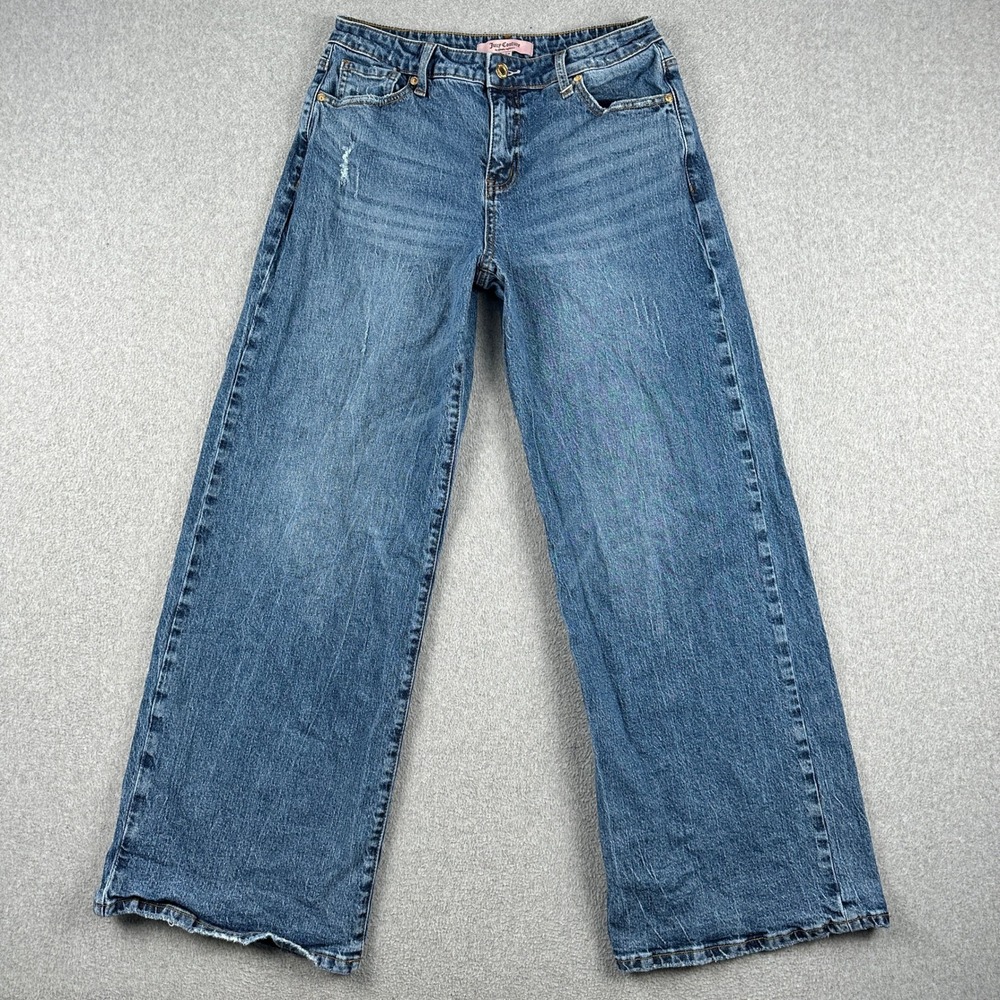 Juicy Couture Jeans Womens 7 Wide Leg Blue Distressed Denim High Rise Y2K